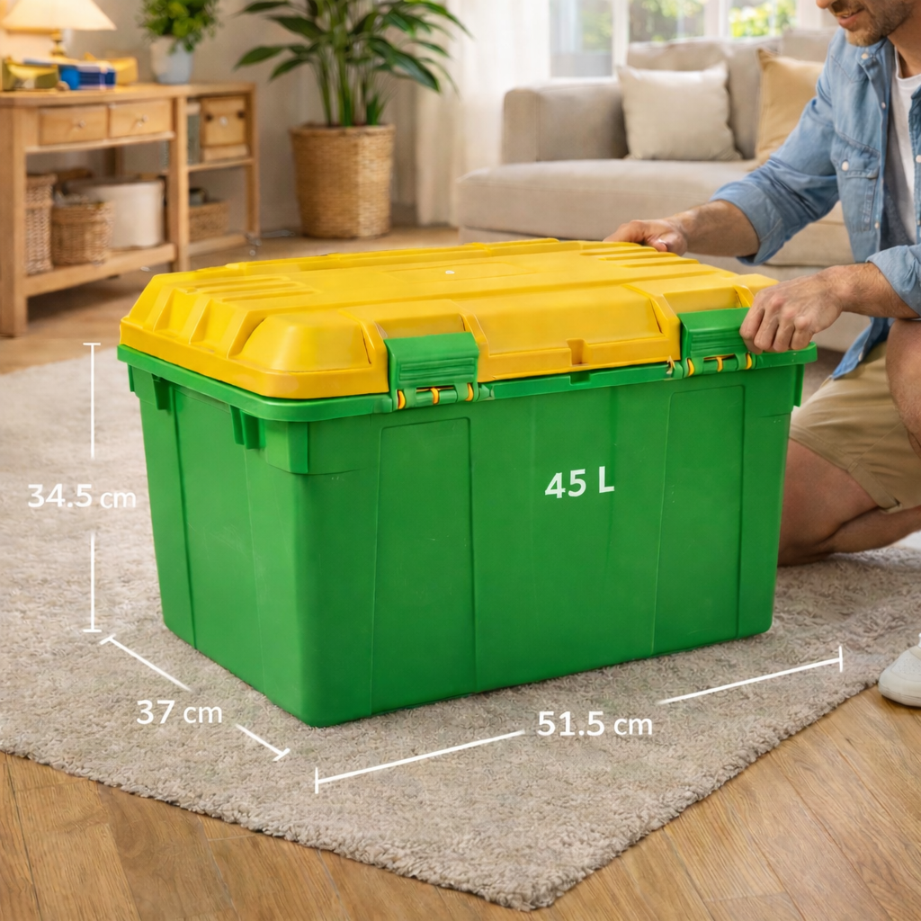 Bac de Rangement 45L avec Couvercle Jaune – Boîte Plastique Robuste pour Maison et Garage