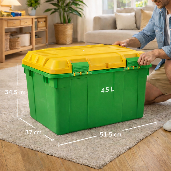 Bac de Rangement 45L avec Couvercle Jaune – Boîte Plastique Robuste pour Maison et Garage