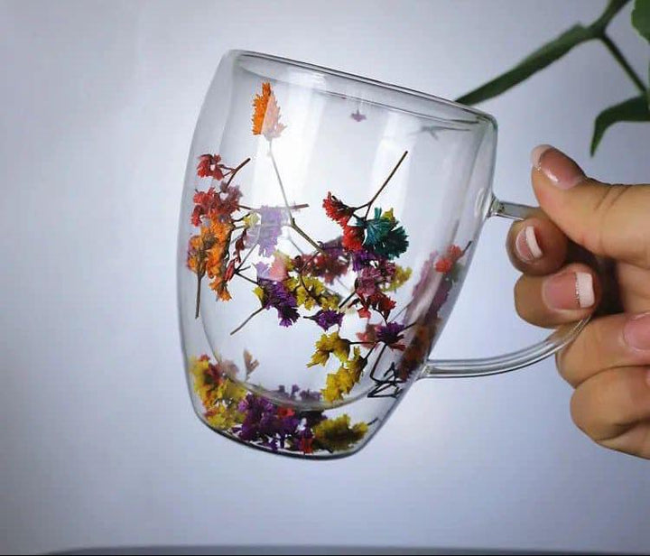 Tasse Transparente en Verre avec Décorations Florales Séchées -1- pièces