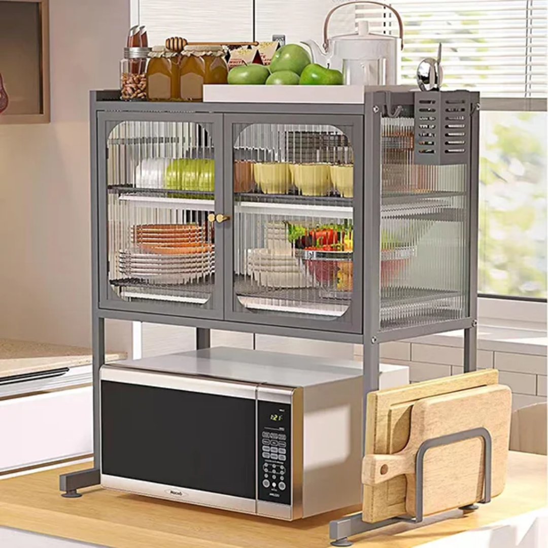 Étagère Micro-Ondes avec Armoire Vitrée &amp; Rangement Cuisine – Gain de Place