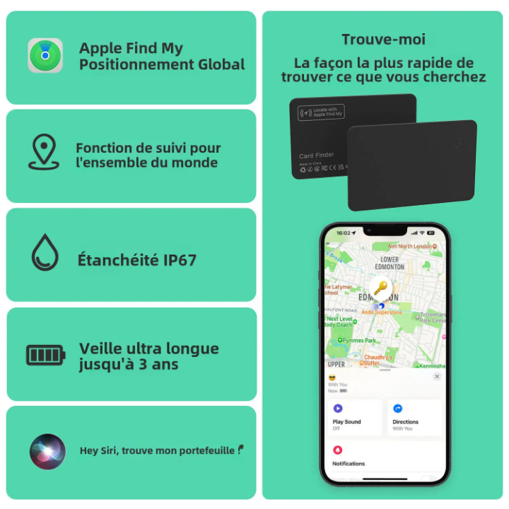 Carte de localisation intelligente compatible Apple Find My – Localisateur GPS pour portefeuille, sac ou objets personnels