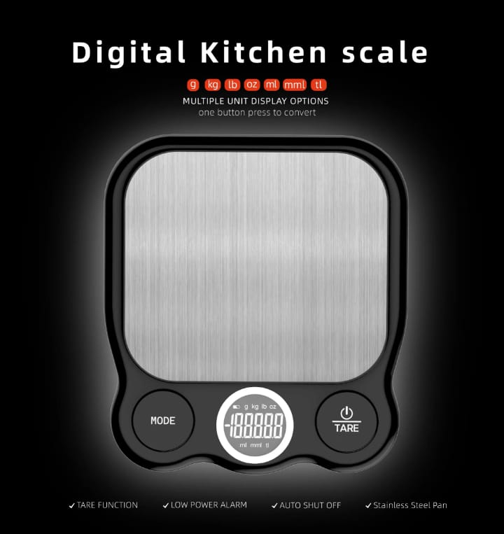 Balance de Cuisine Digitale – Haute Précision avec Plateau Inox et Affichage LCD