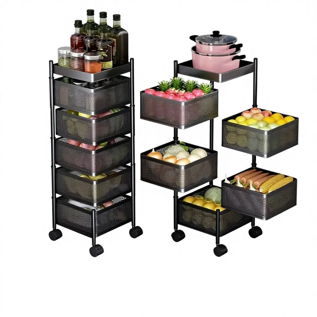 Étagère de Rangement Rotative 5 Niveaux – Chariot de Stockage sur Roulettes