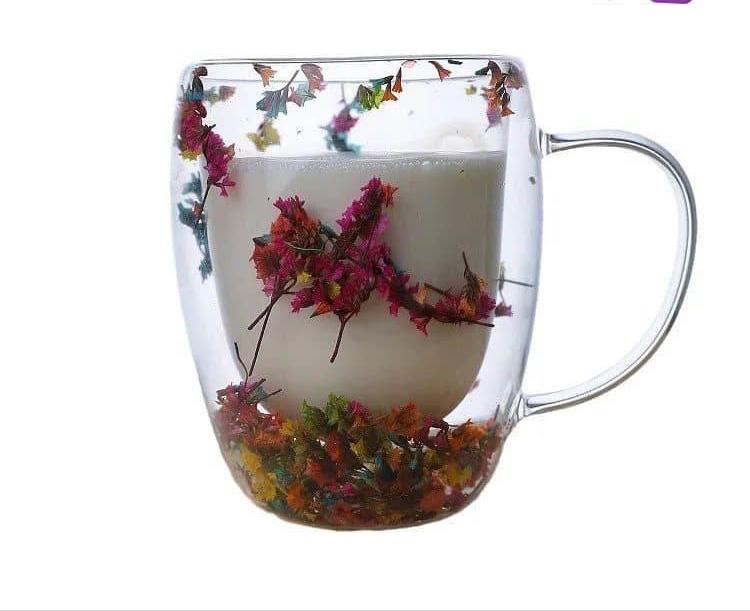 Tasse Transparente en Verre avec Décorations Florales Séchées -1- pièces