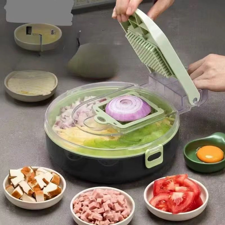 Coupe-Légumes Multifonction 9 en 1 avec Panier Égouttoir – Tranche, Râpe et Émince Facilement