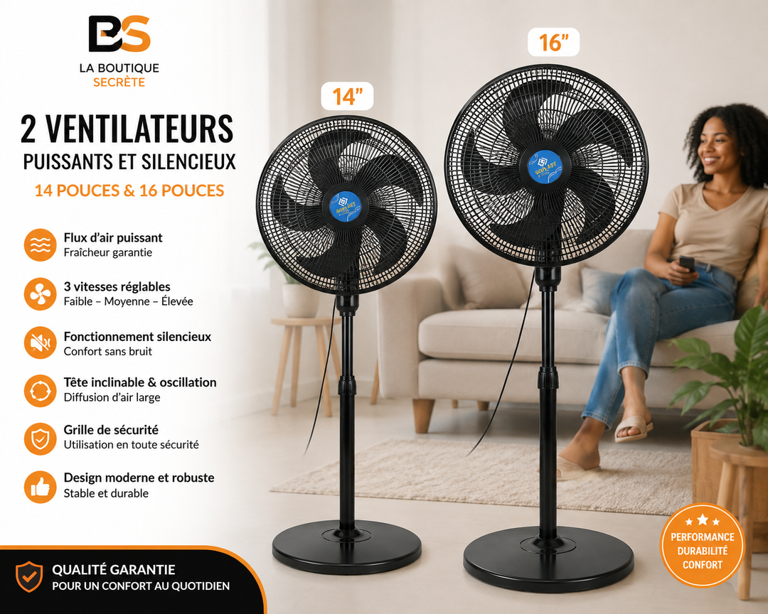 Ventilateur Sur Pied Silencieux 14" &amp; 16" – Puissant, Silencieux &amp; Élégant