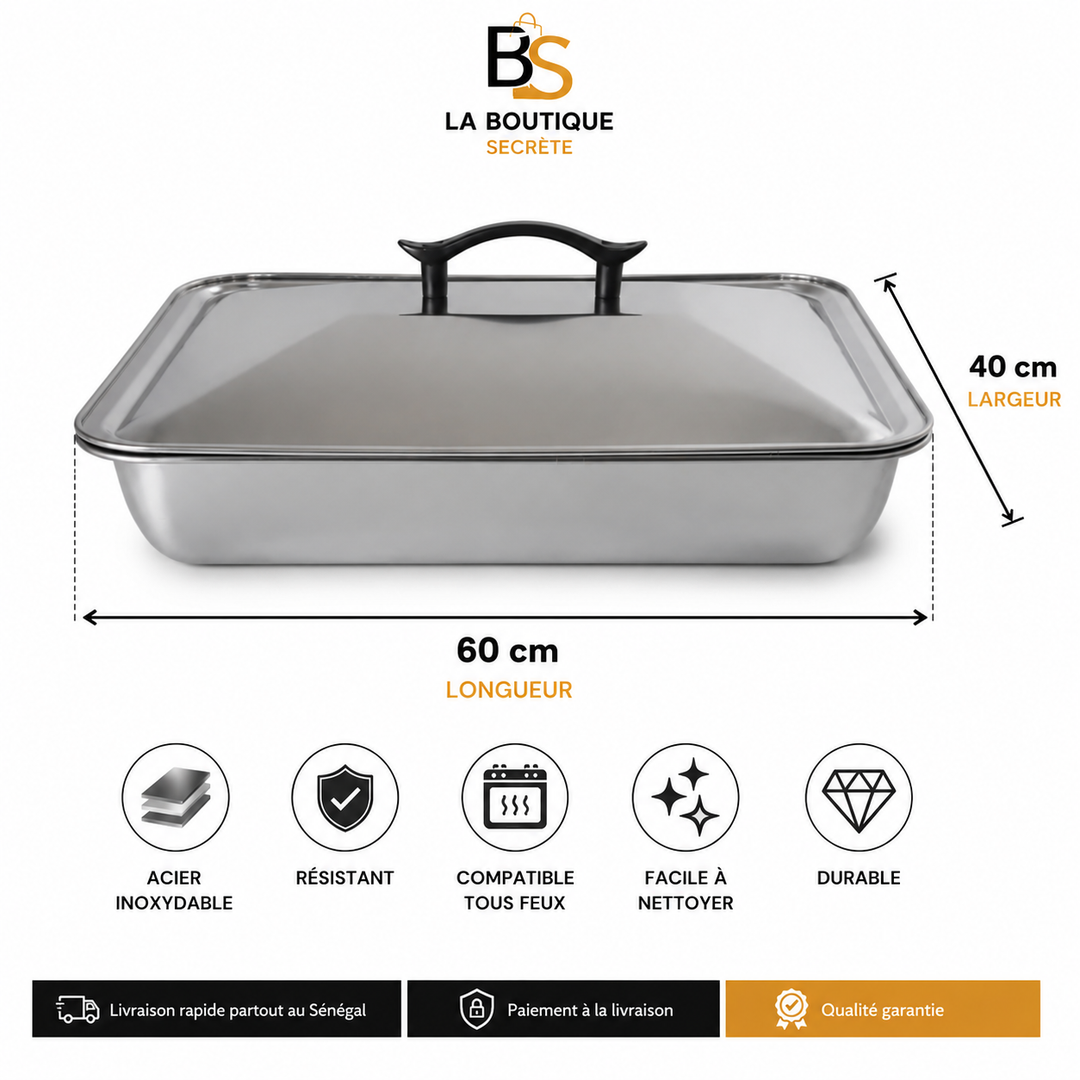 Plat à Four Inox avec Couvercle — Acier Inoxydable Résistant, Compatible Tous Feux
