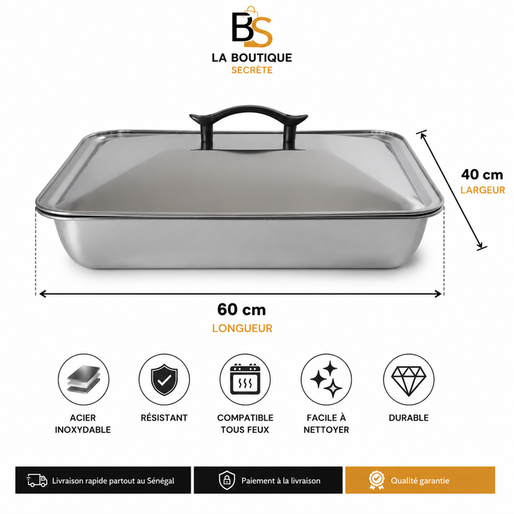 Plat à Four Inox avec Couvercle — Acier Inoxydable Résistant, Compatible Tous Feux