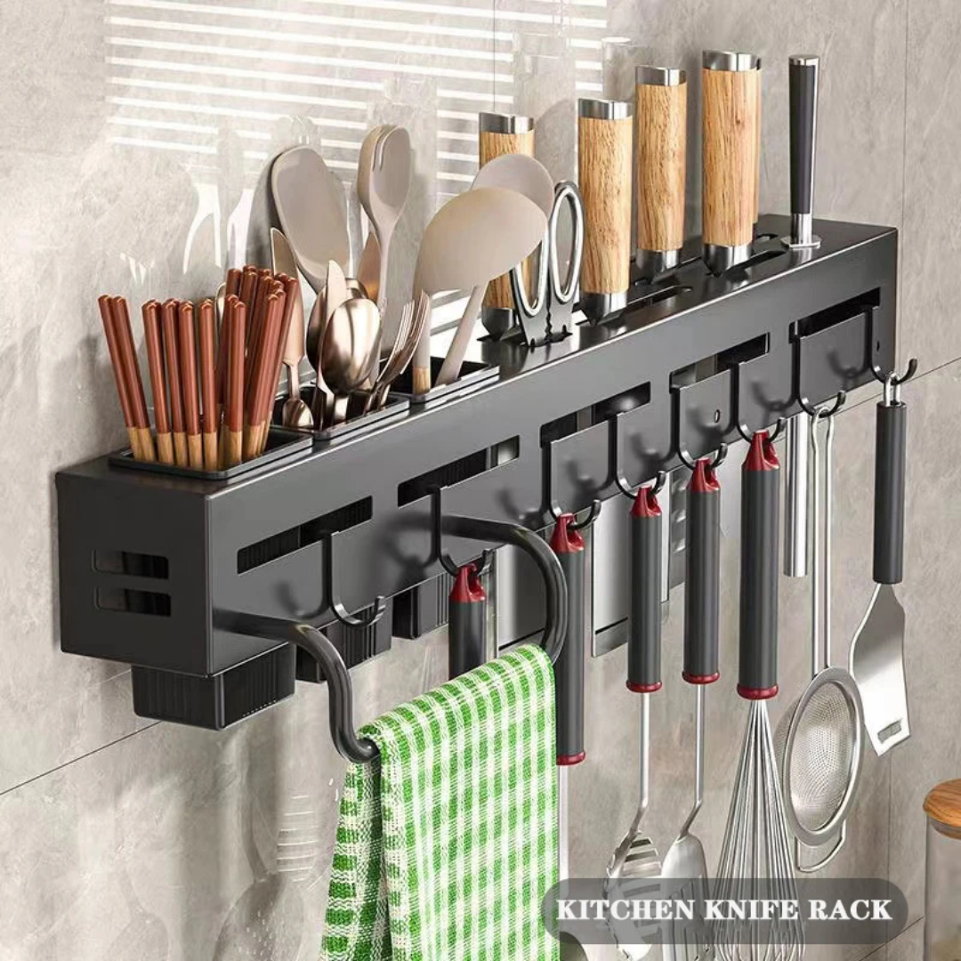 Porte-Couteaux Mural Multifonction 60cm – Rangement Cuisine Complet avec Crochets &amp; Baguettier