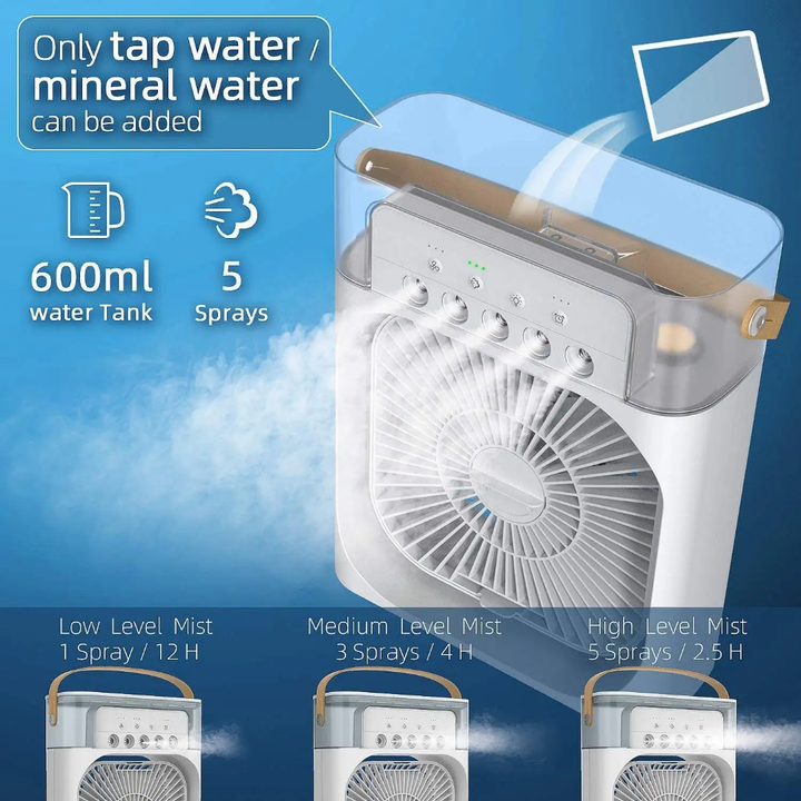 Ventilateur Rafraîchisseur d’Air Portable – Brumisateur à Eau et Glace, Silencieux & Éco-énergétique