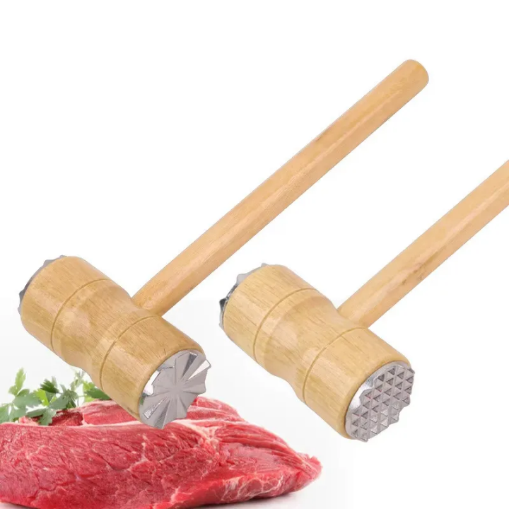 Maillet de Cuisine en Bois avec Embouts Métalliques – Attendrisseur de Viande Résistant