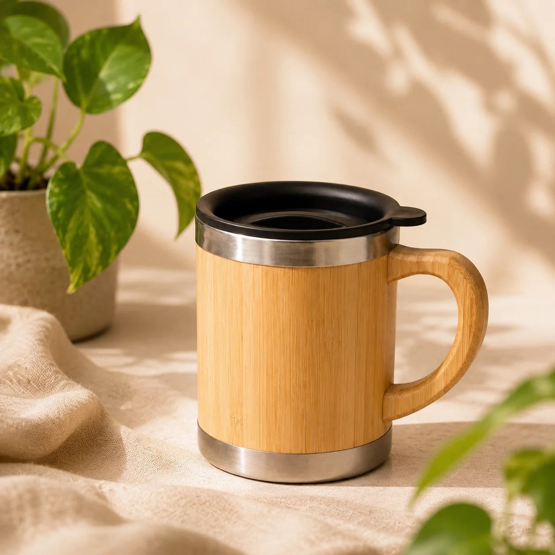 Mug avec couvercle – Intérieur inox et extérieur bambou