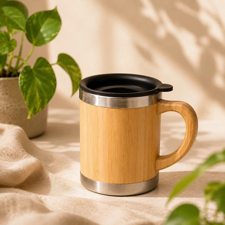 Mug avec couvercle – Intérieur inox et extérieur bambou