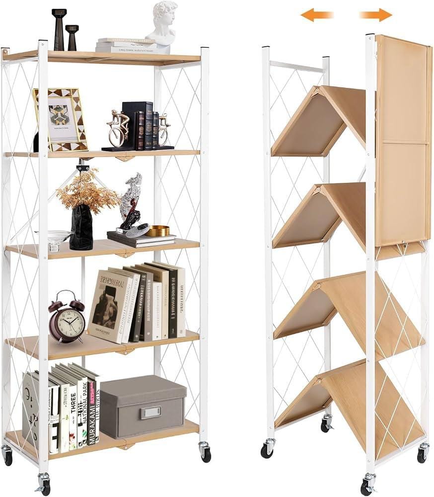 Étagère Pliable à Roulettes - 5 Niveaux Bois &amp; Métal | Gain de Place Idéal pour Salon, Cuisine ou Bureau