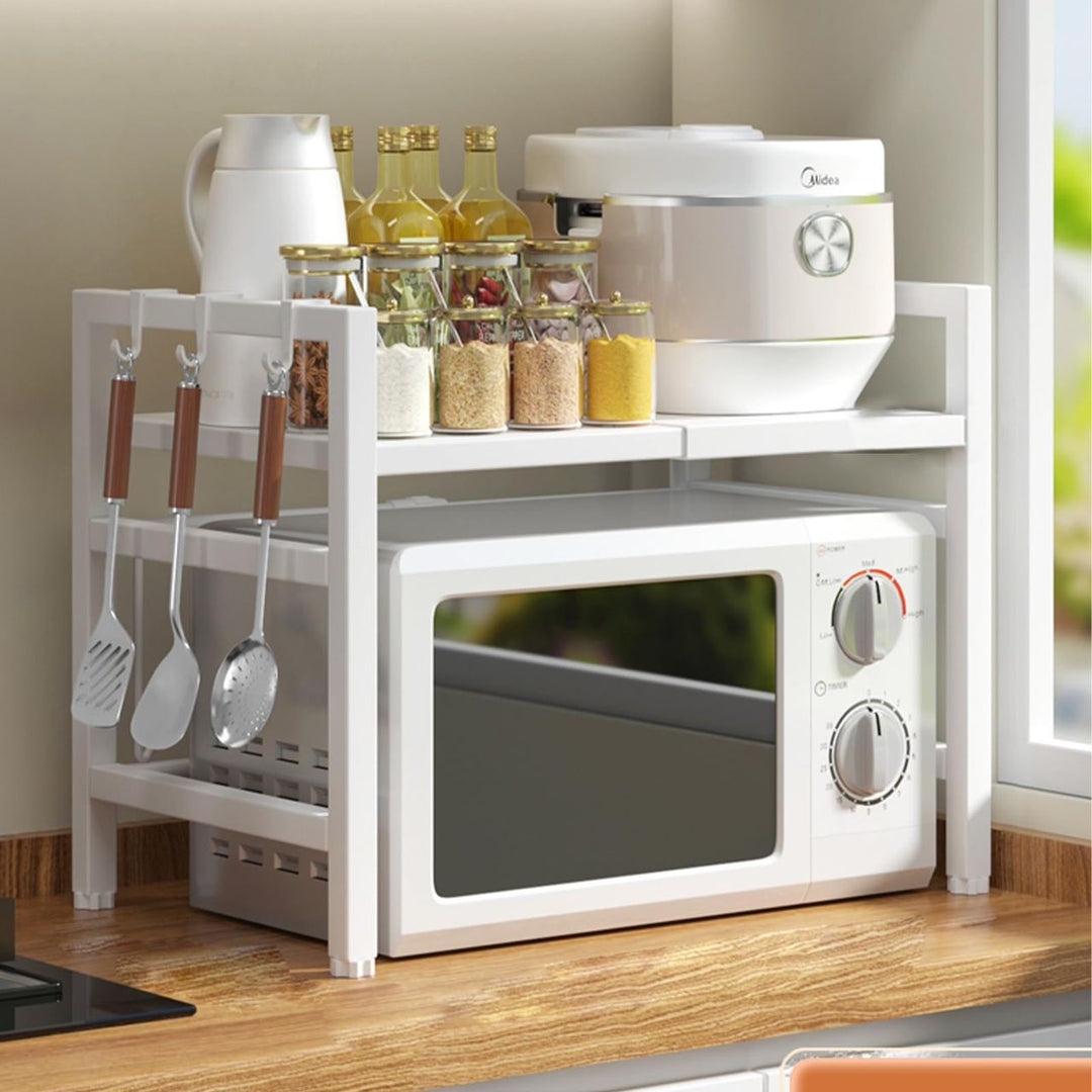 Support de Micro-ondes Multifonction en Métal – Étagère de Rangement de Cuisine avec Crochets