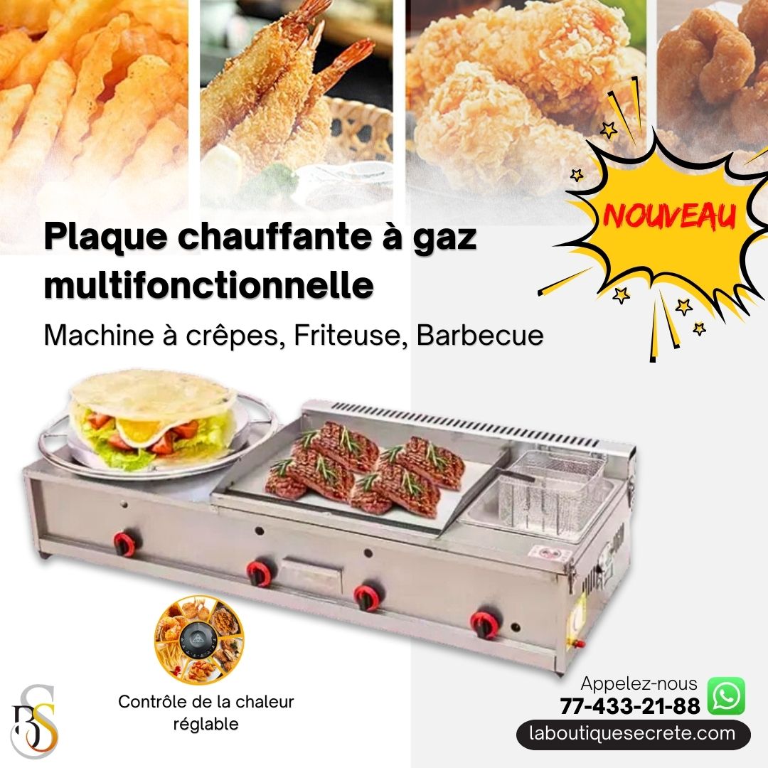 Machine 3-en-1 professionnelle à gaz : Plancha, Crêpière et Friteuse