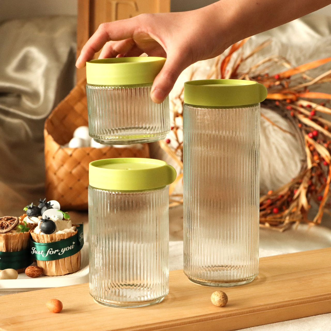 Bocaux en Verre Rainuré avec Couvercle Hermétique Vert – Élégance et Rangement Parfait