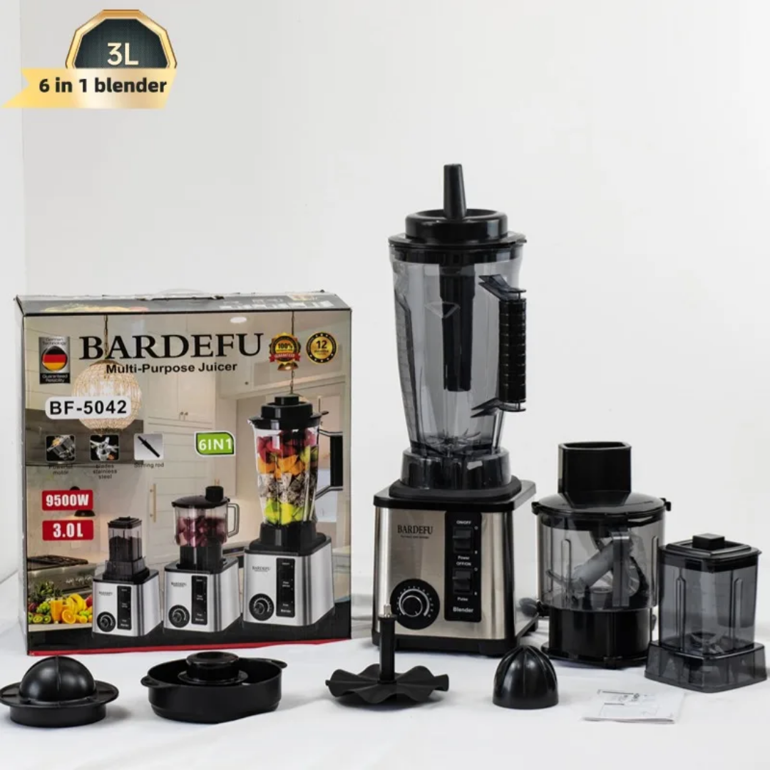 Blender Multifonction 6 en 1 BARDEFU – 9500W, Moteur Cuivre 9525, Capacité 3L | Mixeur, Presse-agrumes, Extracteur, Hachoir