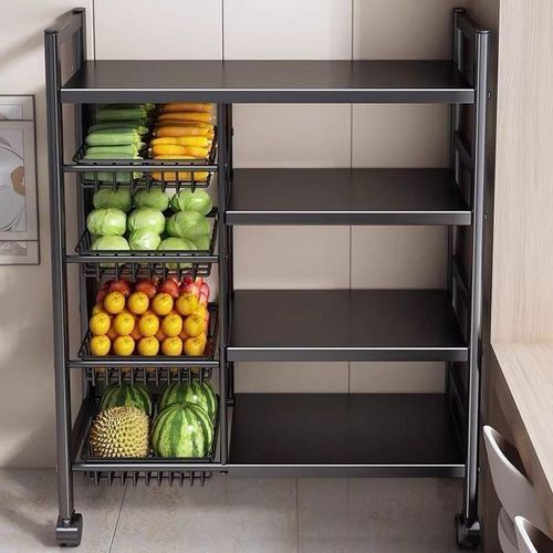 Étagère de Rangement Cuisine Multifonction à Roulettes – 3 Paniers + 3 Étagères Plates – Acier Noir – 80/90/120 cm