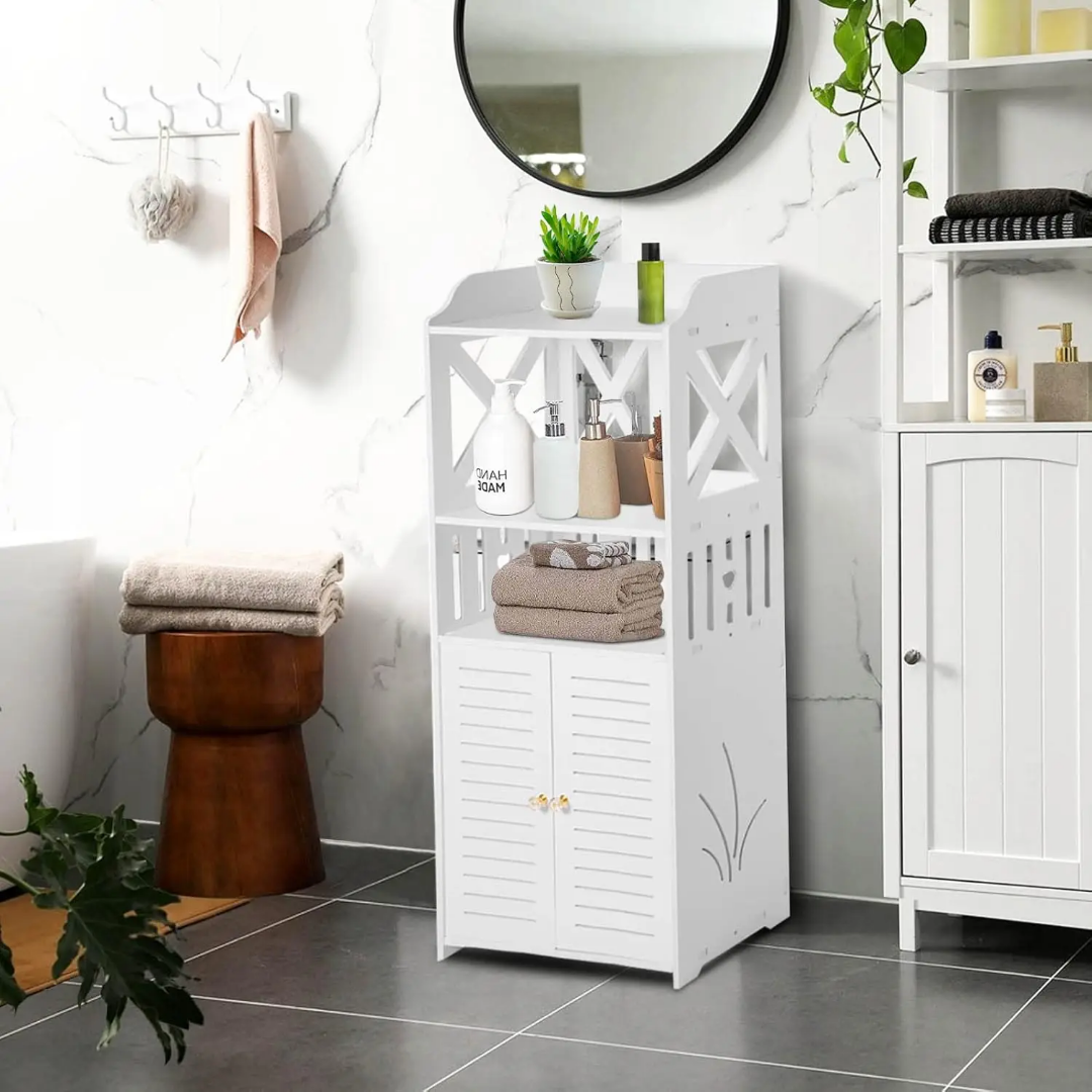 Armoire de Rangement Salle de Bain 90 cm – 2 Portes Battantes &amp; Étagères | Blanc