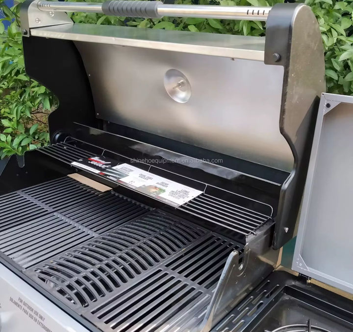 Barbecue à Gaz 6 Brûleurs avec Plancha et Rangement – Couvercle Inox, Roulettes, Tablettes Latérales