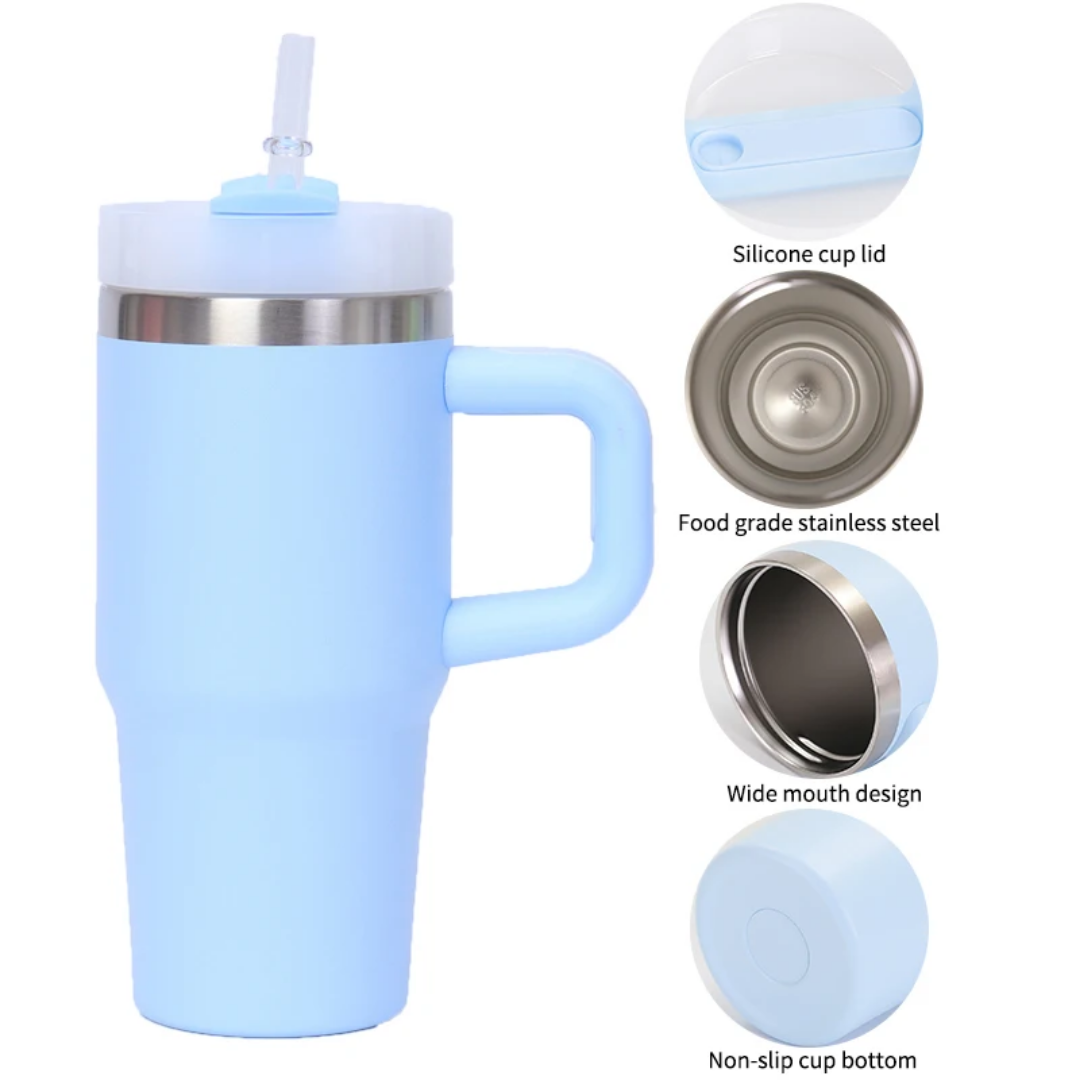 Gobelet Isotherme en Inox avec Anse et Paille  Couvercle Silicone Antifuite hauteur 18,3 cm largeur 12,1 cm
