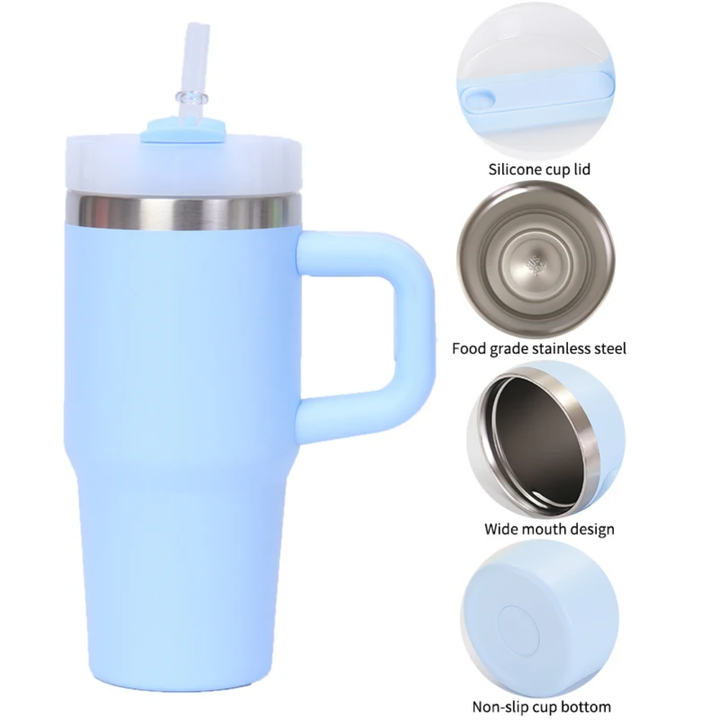 Gobelet Isotherme en Inox avec Anse et Paille  Couvercle Silicone Antifuite hauteur 18,3 cm largeur 12,1 cm