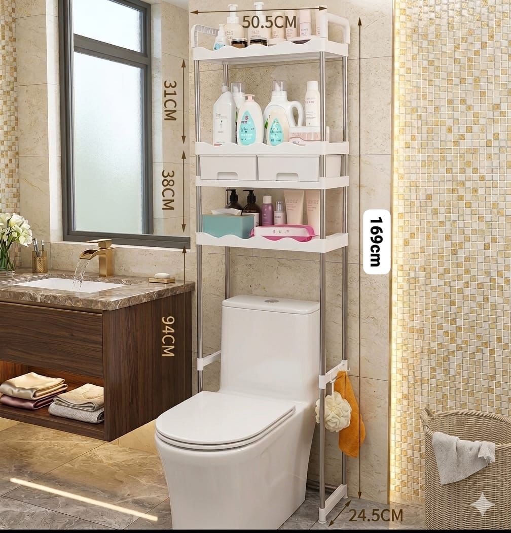 Étagère WC 3 Niveaux Inox avec Tiroirs – Rangement Salle de Bain au-dessus des Toilettes