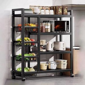 Étagère de Rangement Cuisine Multifonction à Roulettes – 3 Paniers + 3 Étagères Plates – Acier Noir – 80/90/120 cm