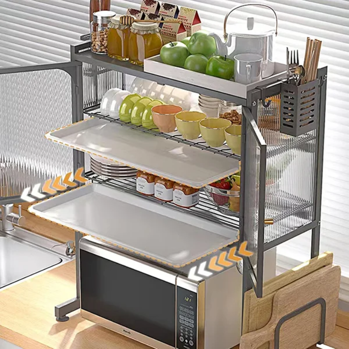 Étagère Micro-Ondes avec Armoire Vitrée &amp; Rangement Cuisine – Gain de Place