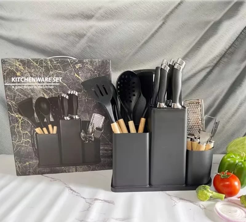 Set Complet d’Ustensiles de Cuisine avec Support – Couteaux, Cuillères, Râpe & Plus – Design Élégant Noir