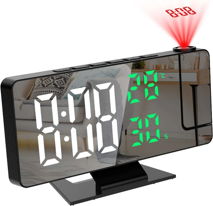 Réveil à Projection Numérique avec Miroir LED - Affichage Température et Humidité