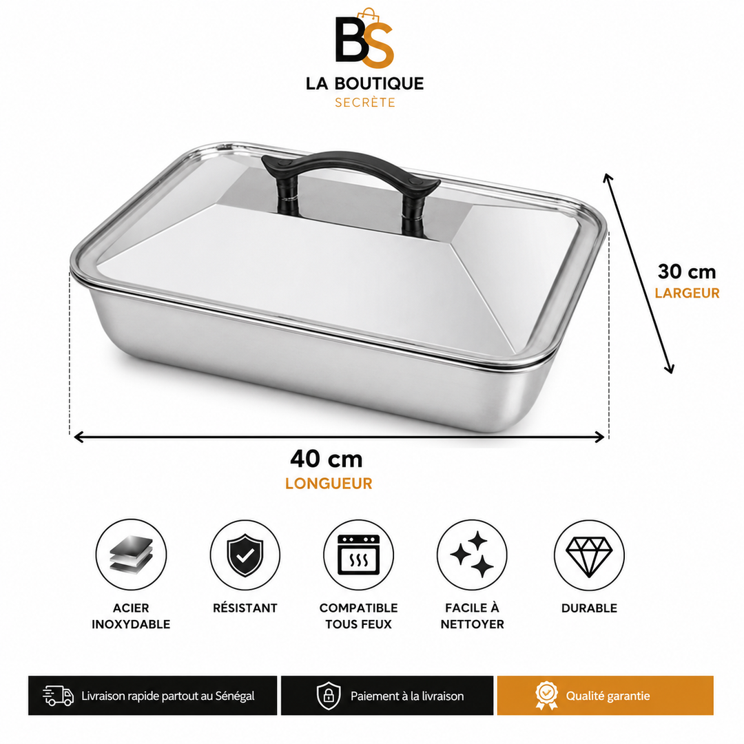 Plat à Four Inox avec Couvercle — Acier Inoxydable Résistant, Compatible Tous Feux