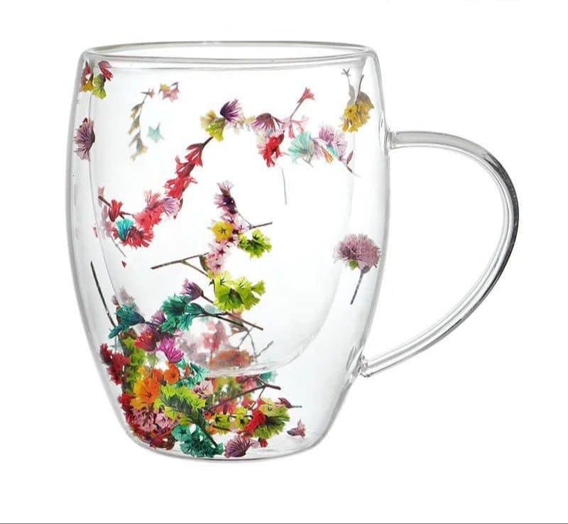 Tasse Transparente en Verre avec Décorations Florales Séchées -1- pièces