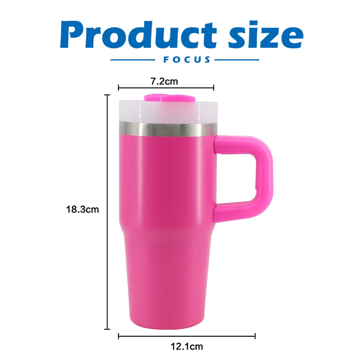 Gobelet Isotherme en Inox avec Anse et Paille  Couvercle Silicone Antifuite hauteur 18,3 cm largeur 12,1 cm