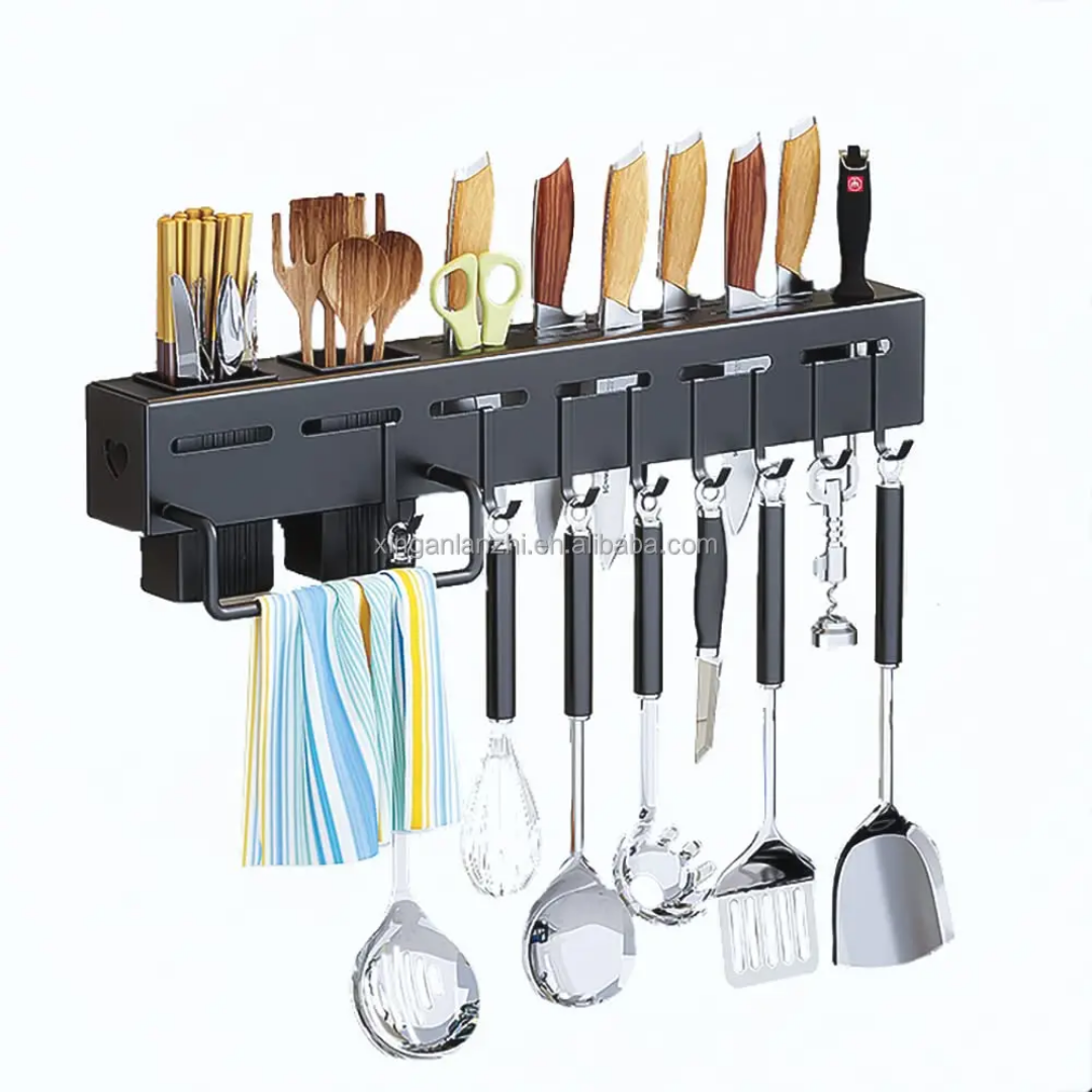Porte-Couteaux Mural Multifonction 60cm – Rangement Cuisine Complet avec Crochets &amp; Baguettier