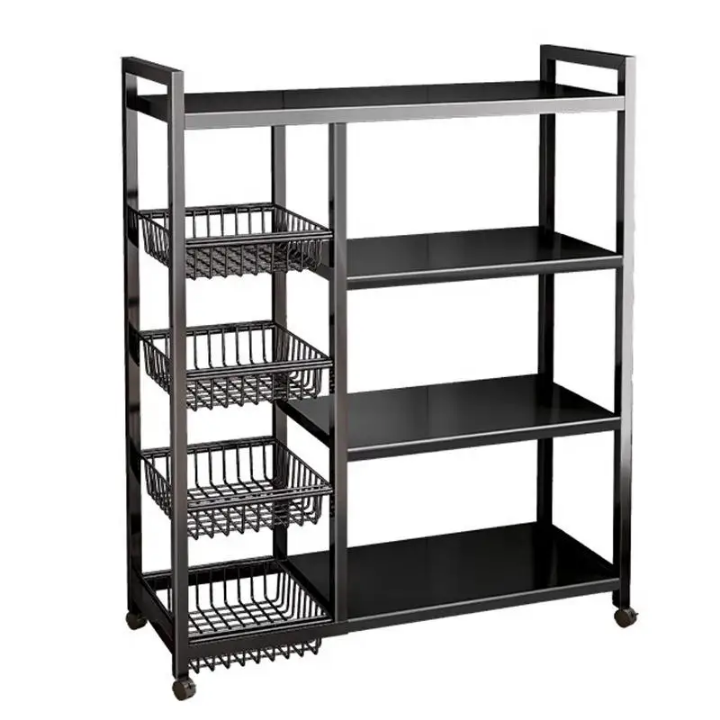 Étagère de Rangement Cuisine Multifonction à Roulettes – 4 Paniers + 3 Étagères Plates – Acier Noir – 80/90/120 cm
