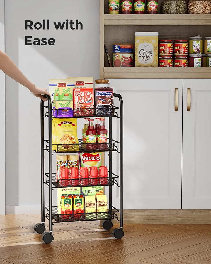 Étagère de Rangement 4 Niveaux à Roulettes – Métal Inox | La Boutique Secrète