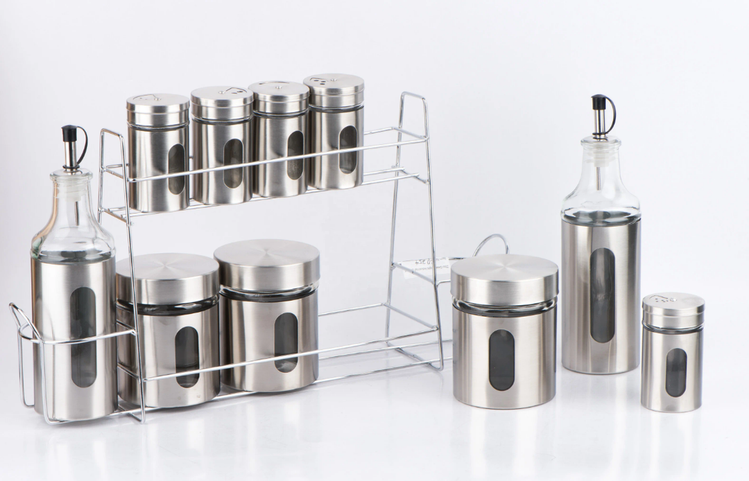 Set de Bocaux et Distributeurs Inox avec Support – Rangement Épices, Sucre, Huile et Condiments