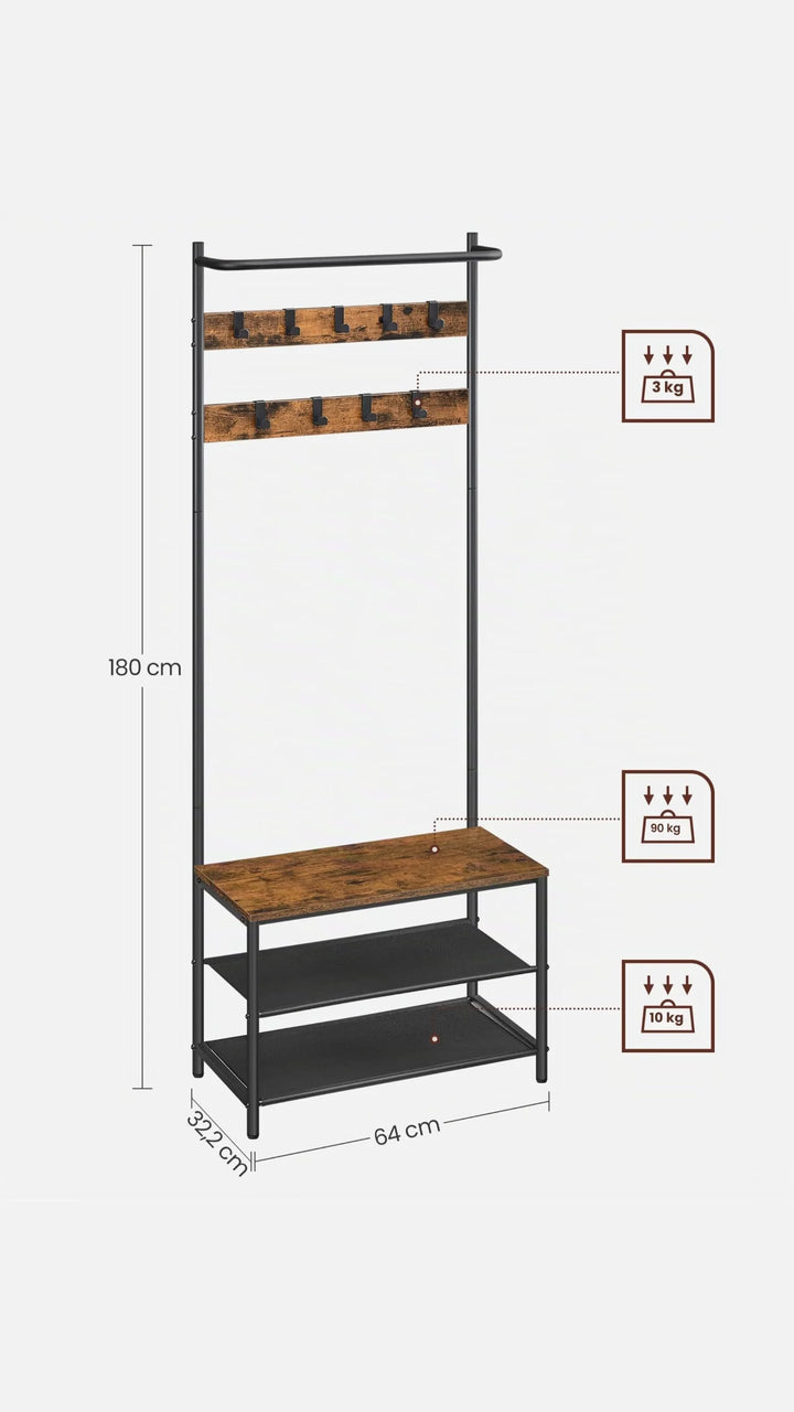 Meuble Entrée Industriel avec Porte-Manteaux et Étagères à Chaussures – 180,5 cm | La Boutique Secrète