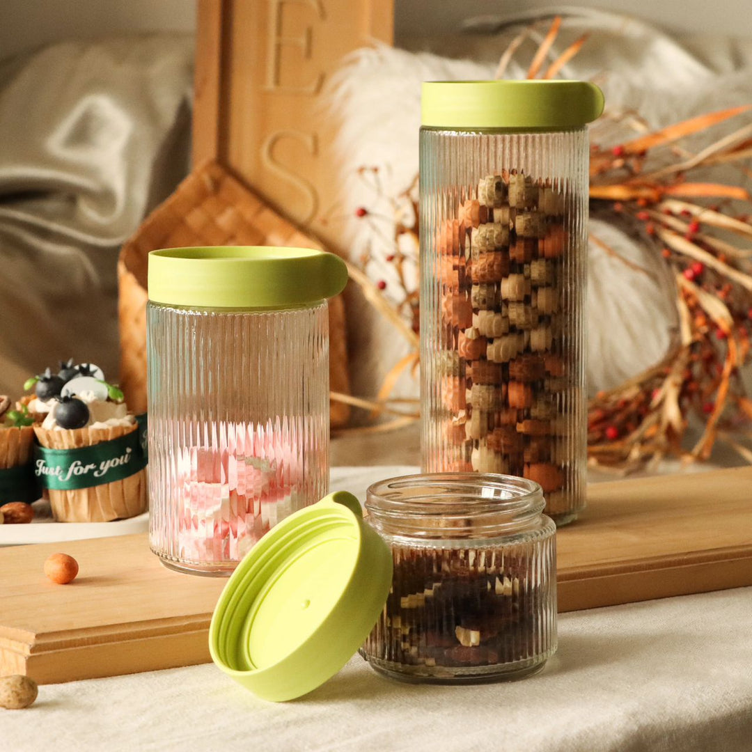 Bocaux en Verre Rainuré avec Couvercle Hermétique Vert – Élégance et Rangement Parfait
