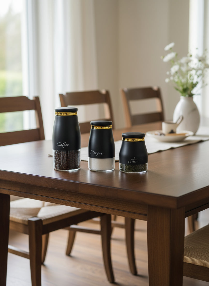 Set de 3 Bocaux Design Noir & Doré – Coffee, Sugar & Tea – Élégance et Organisation dans la Cuisine