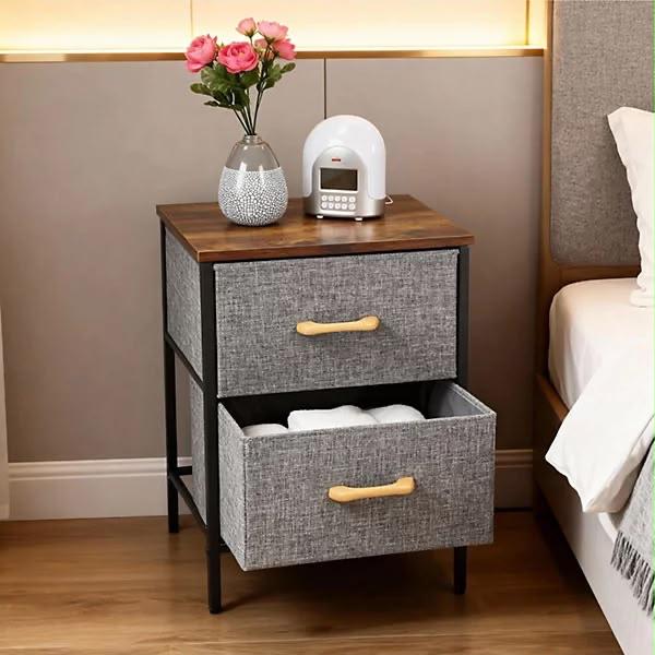 Table de Chevet 2 Tiroirs en Tissu – Meuble Rangement Chambre