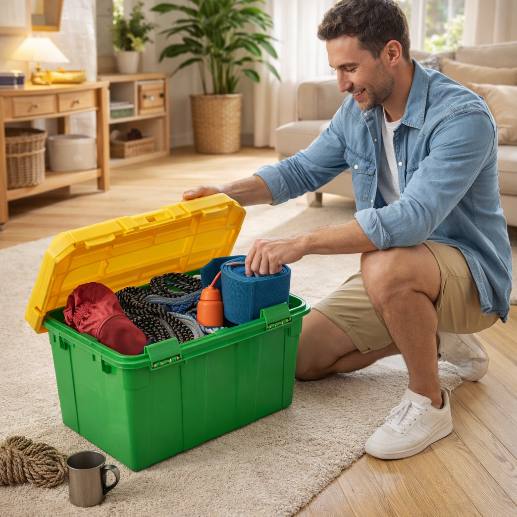 Bac de Rangement 45L avec Couvercle Jaune – Boîte Plastique Robuste pour Maison et Garage