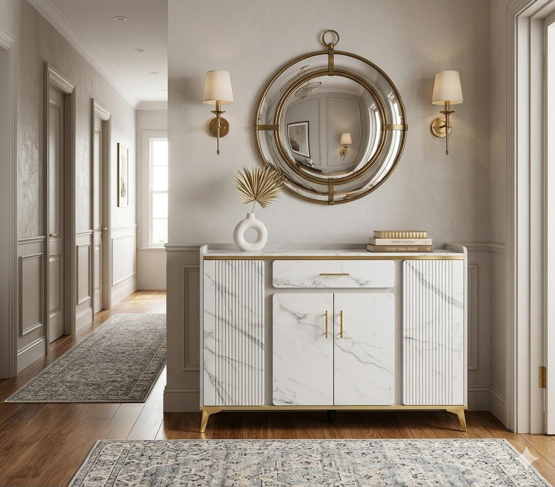 Buffet Entrée Marbre &amp; Or – Commode Design Blanc Doré