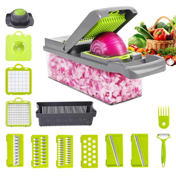 Coupe-Légumes Multifonction 12 en 1 avec Récipient – Mandoline de Cuisine Professionnelle