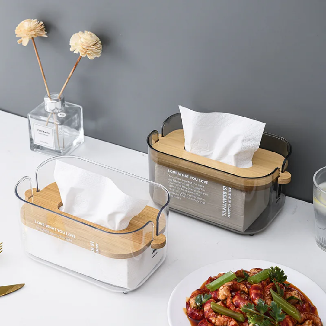Boîte à Mouchoirs Design avec Couvercle Bambou – Transparent | Organiseur Élégant Maison & Bureau