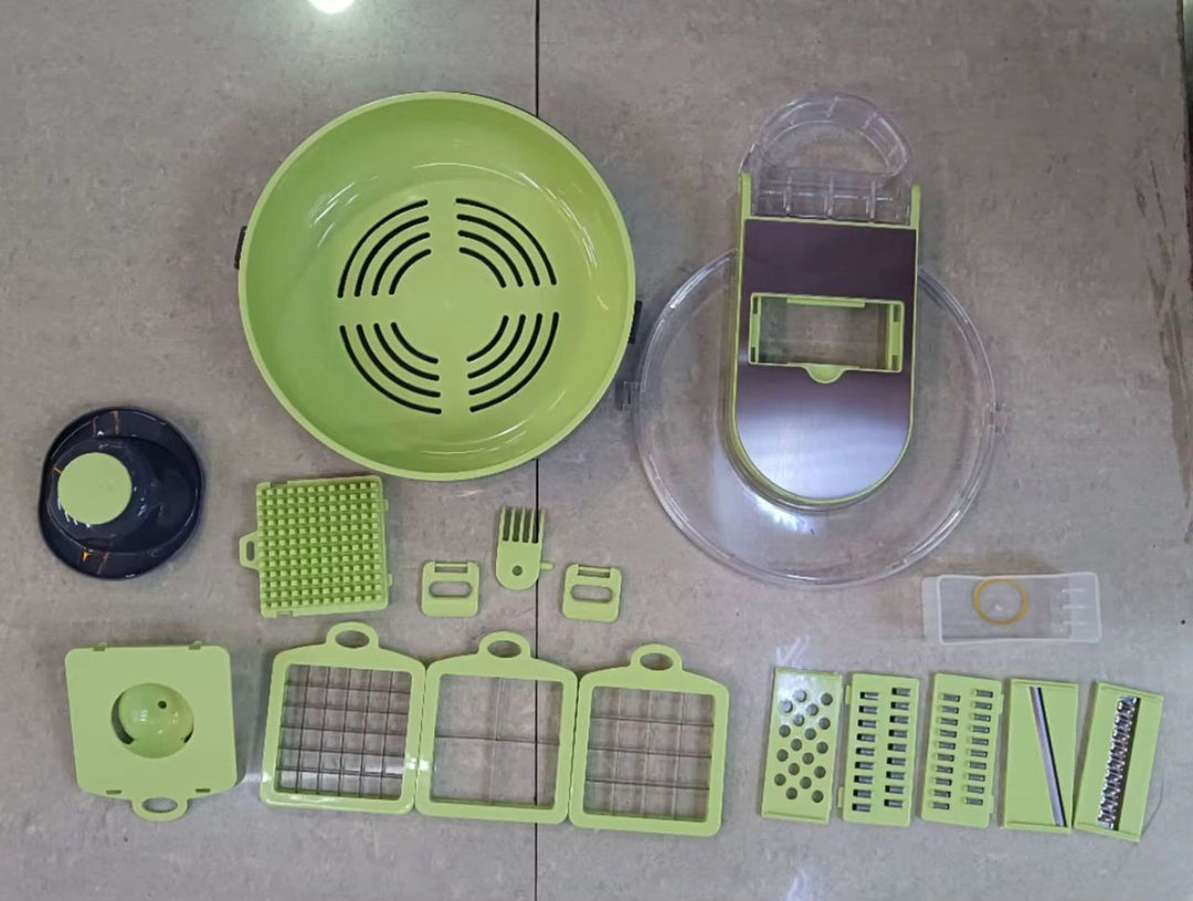 Coupe-Légumes Multifonction 9 en 1 avec Panier Égouttoir – Tranche, Râpe et Émince Facilement