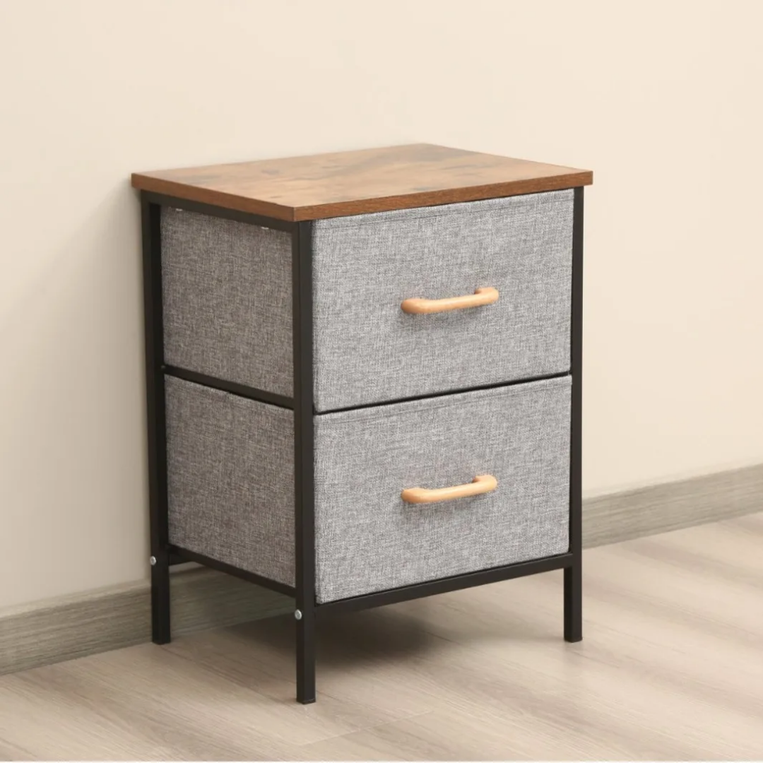 Table de Chevet 2 Tiroirs en Tissu – Meuble Rangement Chambre