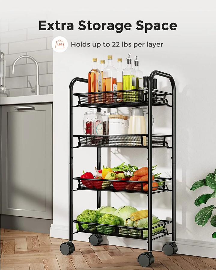 Étagère de Rangement 4 Niveaux à Roulettes – Métal Inox | La Boutique Secrète